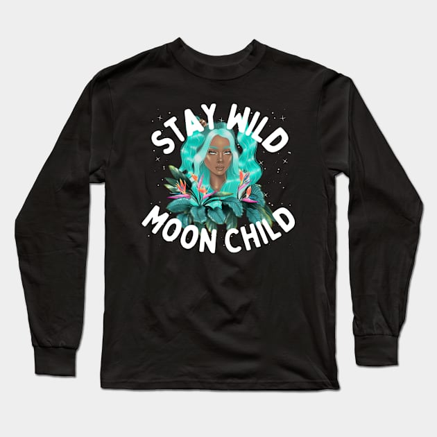 Stay Wild Moon Child Illustration of Celestial Woman | Astrology & Zodiac Shirt or Sticker Design Long Sleeve T-Shirt by Mia Delilah